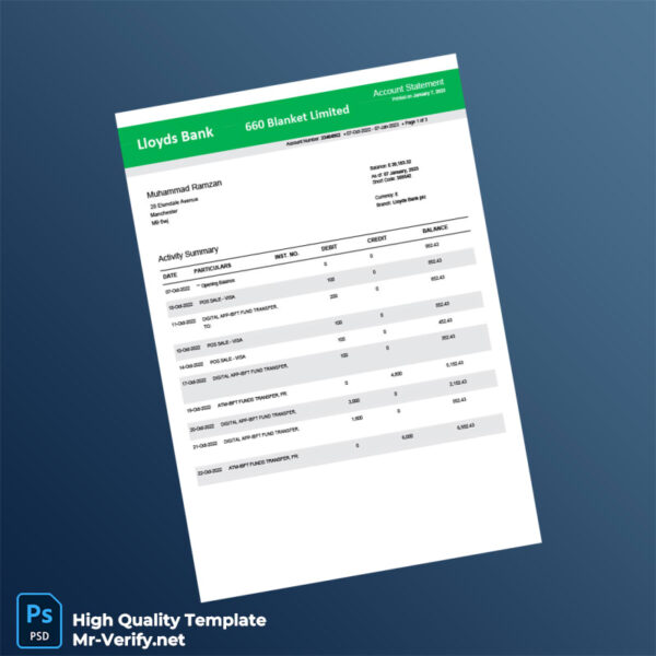 UK Lloyds Bank Bank Statement Template in Word and PDF formats
