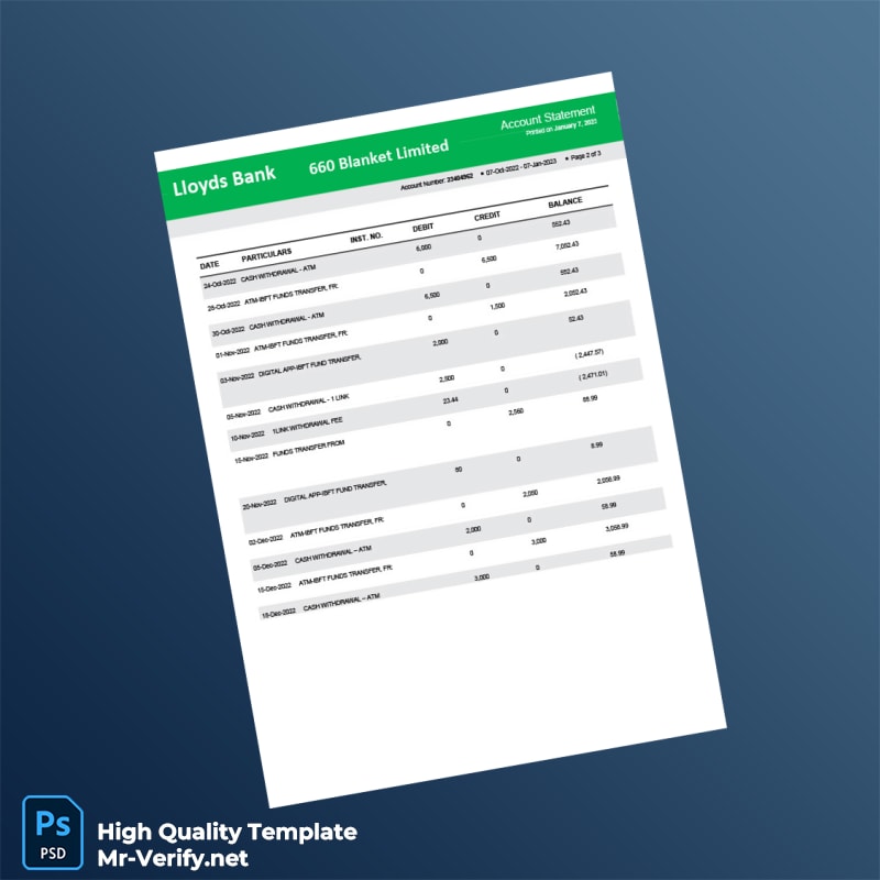 UK Lloyds Bank Bank Statement Template in Word and PDF formats page 2 UK Lloyds Bank Bank Statement Template in Word and PDF formats page 2