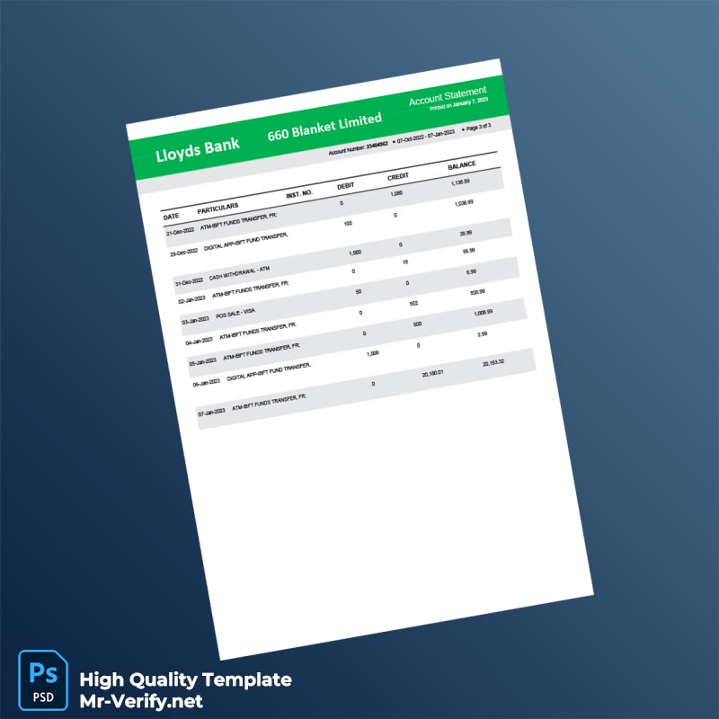 UK Lloyds Bank Bank Statement Template in Word and PDF formats page 3 UK Lloyds Bank Bank Statement Template in Word and PDF formats page 3