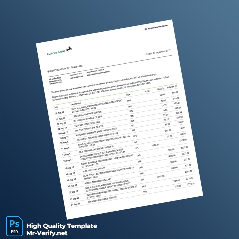 UK Lloyds Bank Business Account Statement Template in Word and PDF formats UK Lloyds Bank Business Account Statement Template in Word and PDF formats