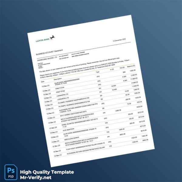 UK Lloyds Bank Business Bank Statement Template in Word and PDF formats UK Lloyds Bank Business Bank Statement Template in Word and PDF formats