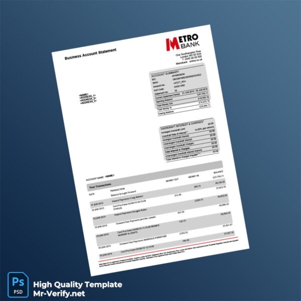 UK Metro Bank Statement Template in Word and PDF formats