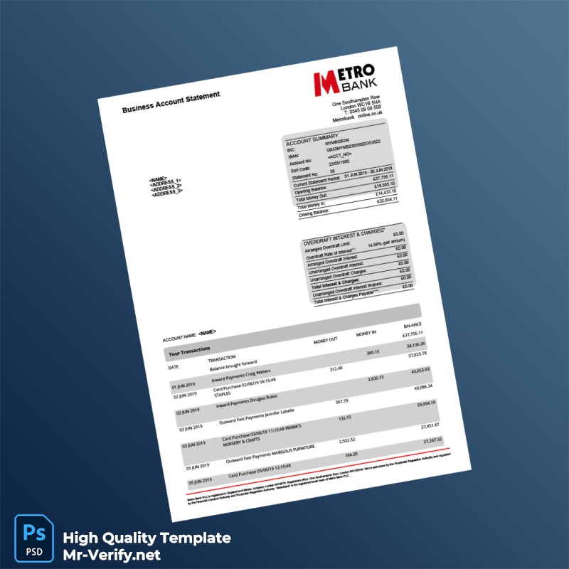 UK Metro Bank Statement Template in Word and PDF formats UK Metro Bank Statement Template in Word and PDF formats