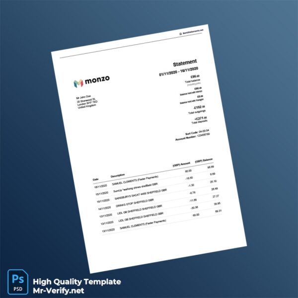 UK Monzo Bank Statement Template in Word and PDF formats UK Monzo Bank Statement Template in Word and PDF formats