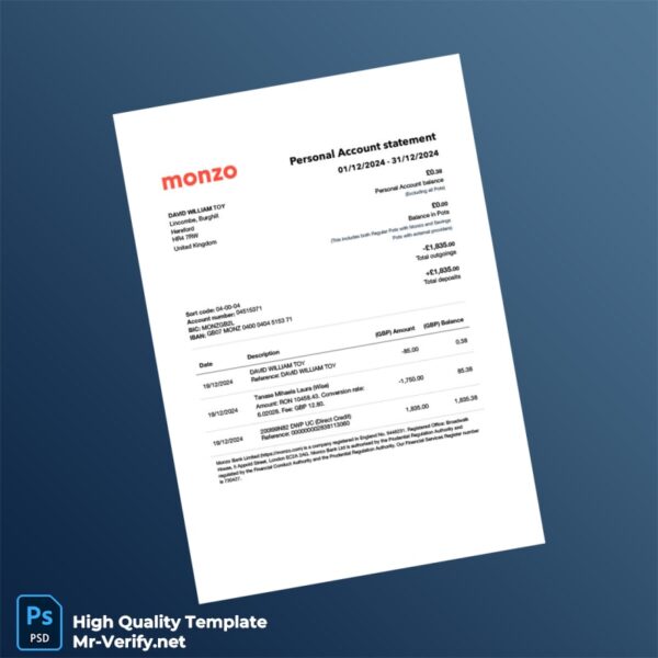 UK Monzo Personal Account Statement Template in Word and PDF formats UK Monzo Personal Account Statement Template in Word and PDF formats
