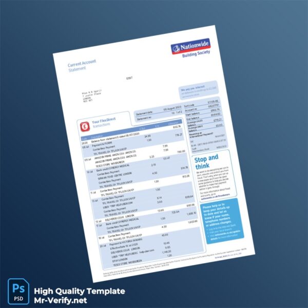 UK Nationwide Bank Statement Template in Word and PDF formats
