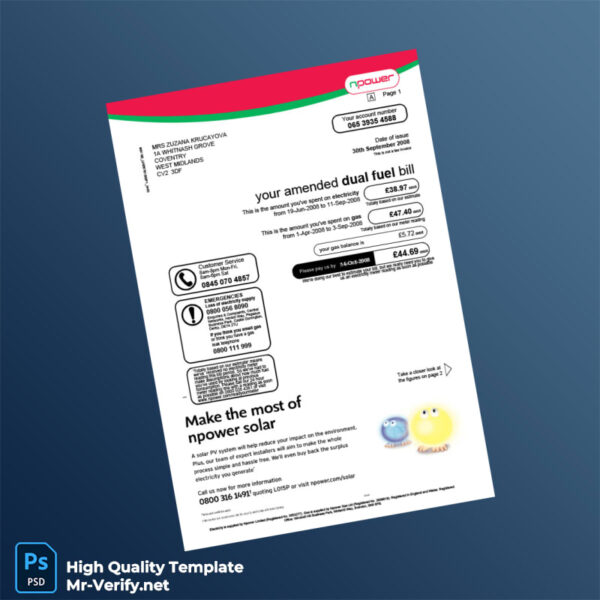 UK Npower Editable Dual Fuel Bill Template in Word and PDF formats UK Npower Editable Dual Fuel Bill Template in Word and PDF formats