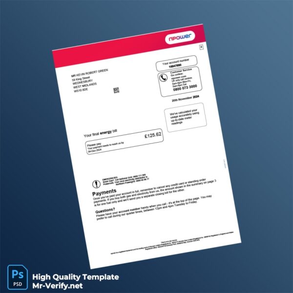 UK npower Editable Energy Bill Template in Word and PDF formats