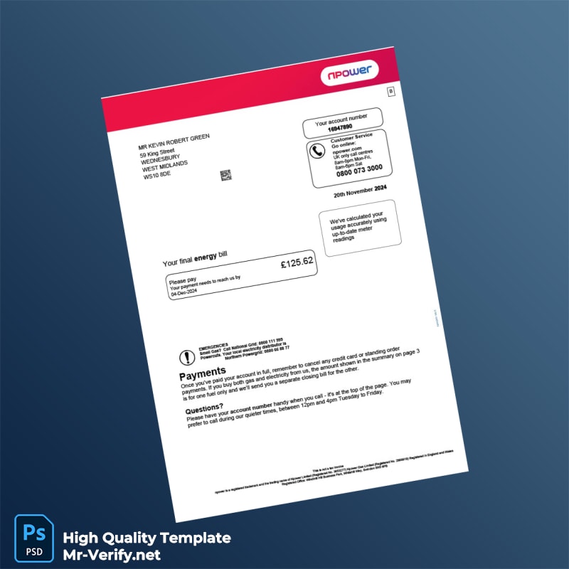 UK Npower Editable Energy Bill Template in Word and PDF formats UK Npower Editable Energy Bill Template in Word and PDF formats