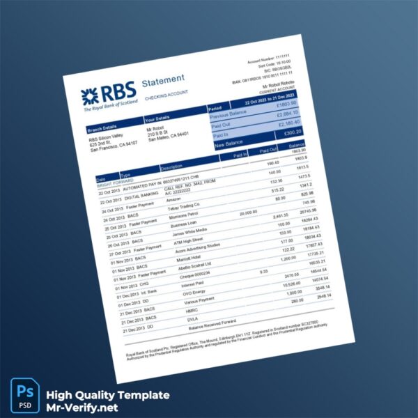 UK RBS Bank Statement Template in Word and PDF formats