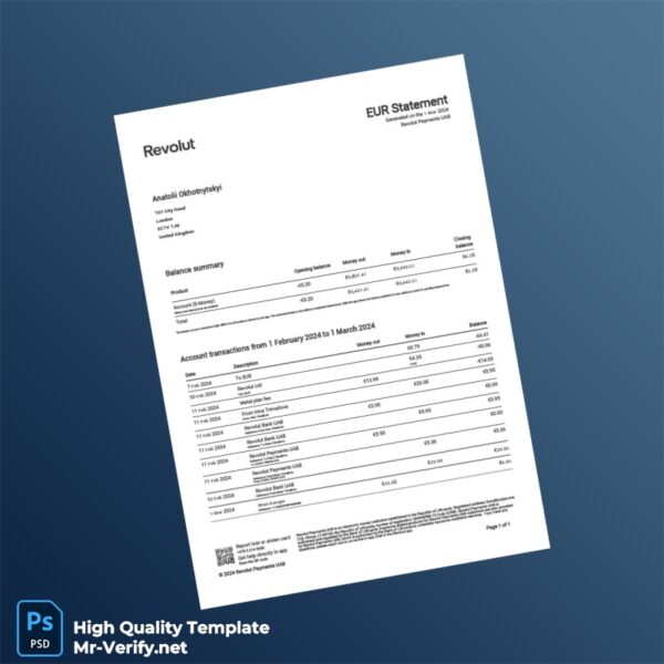 UK Revolut Payments Bank Statement Template in Word and PDF formats UK Revolut Payments Bank Statement Template in Word and PDF formats