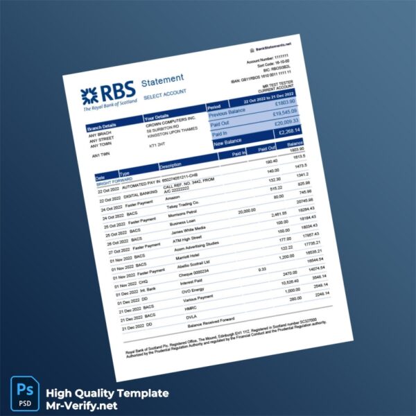 UK Royal Bank of Scotland Bank Statement Template in Word and PDF formats