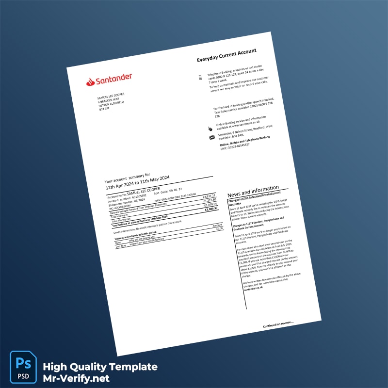 UK Santander Bank Statement Template in Word and PDF formats page 2 UK Santander Bank Statement Template in Word and PDF formats page 2