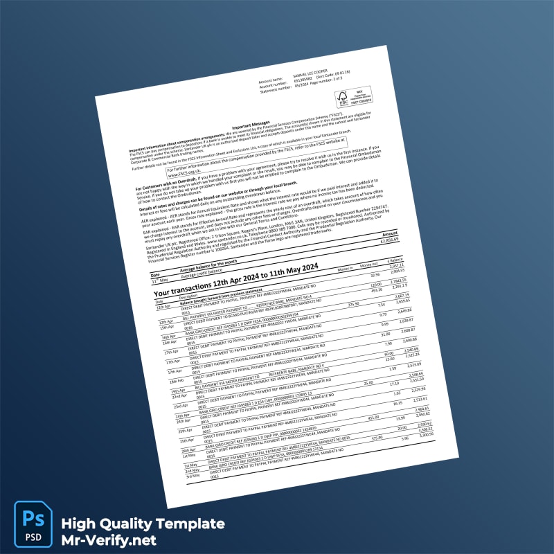 UK Santander Bank Statement Template in Word and PDF formats page 3 UK Santander Bank Statement Template in Word and PDF formats page 3
