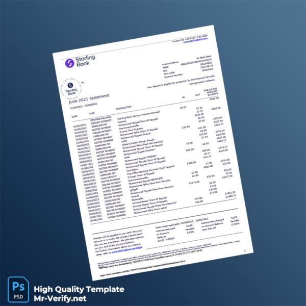 UK Starling Bank Statement Template in Word and PDF formats