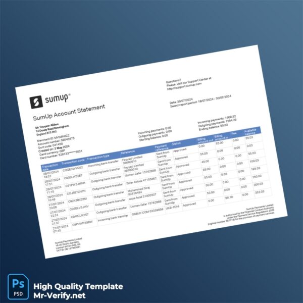 UK SumUp Payments Limited Bank Statement Template in Word and PDF formats