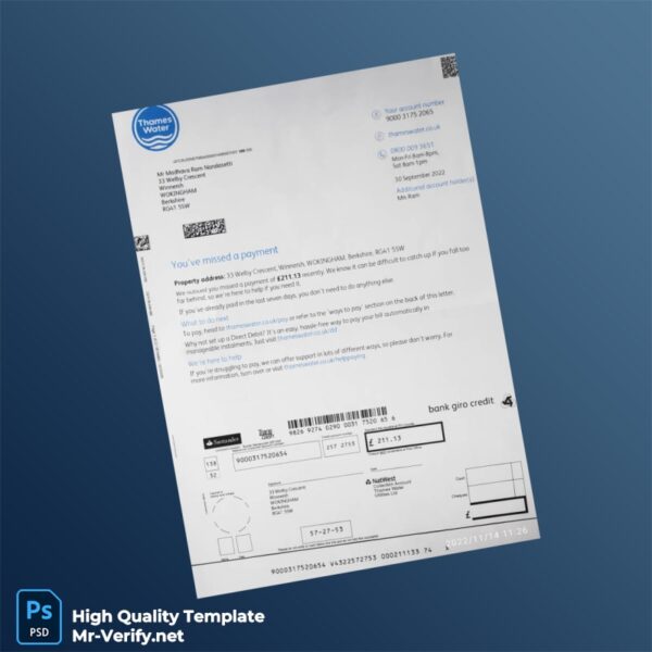UK Thames Water Editable Utility Bill Template in Word and PDF formats UK Thames Water Editable Utility Bill Template in Word and PDF formats
