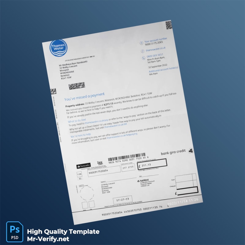 UK Thames Water Editable Utility Bill Template in Word and PDF formats UK Thames Water Editable Utility Bill Template in Word and PDF formats