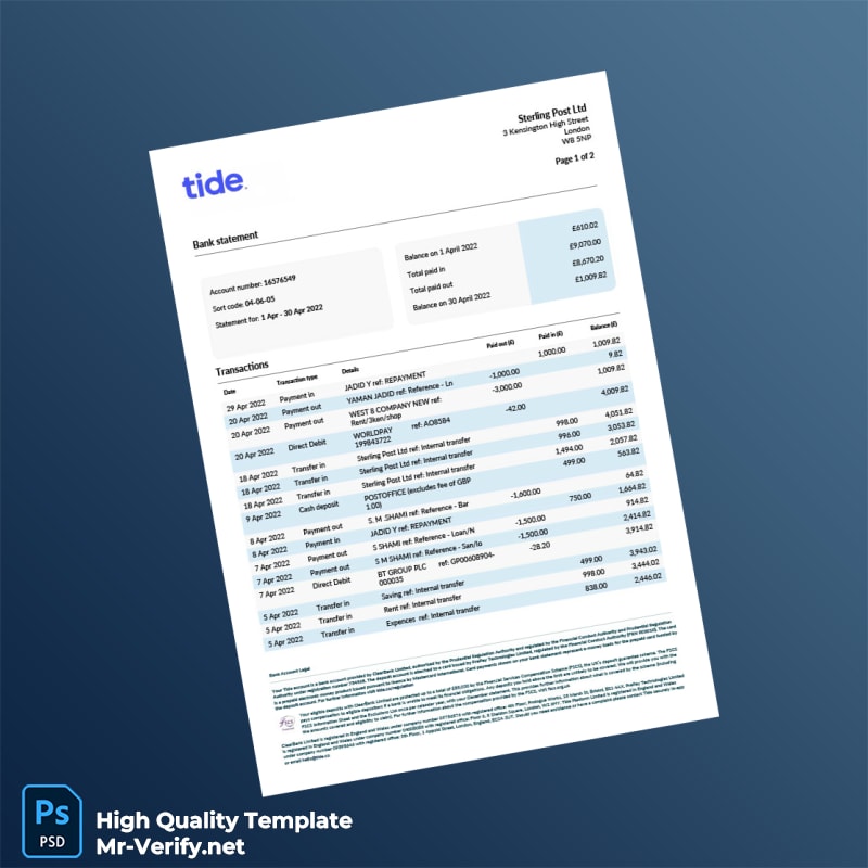 UK Tide Bank Statement Template in Word and PDF formats UK Tide Bank Statement Template in Word and PDF formats