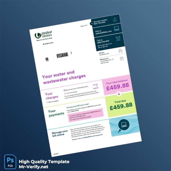UK United Utilities Editable Water Bill Template in Word and PDF formats