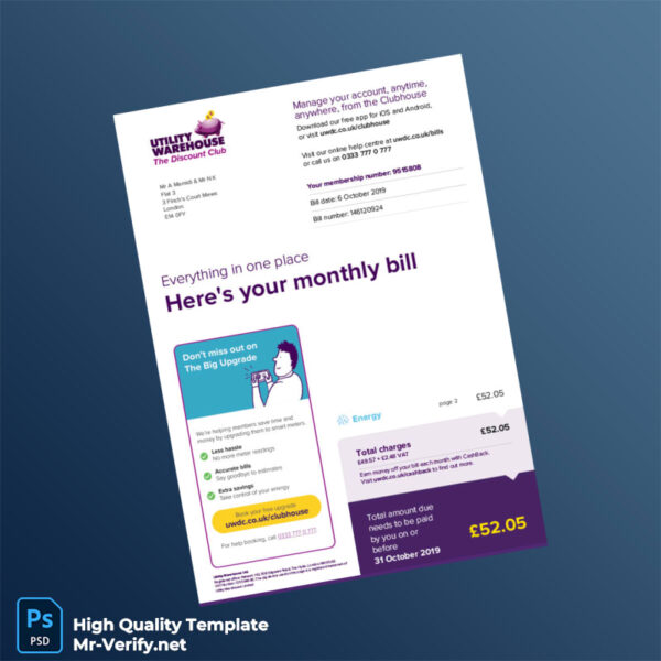 UK Utility Warehouse Editable Electricity Bill Template in Word and PDF formats UK Utility Warehouse Editable Electricity Bill Template in Word and PDF formats