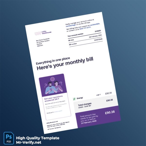 UK Utility Warehouse Editable Utility Bill Template in Word and PDF formats UK Utility Warehouse Editable Utility Bill Template in Word and PDF formats