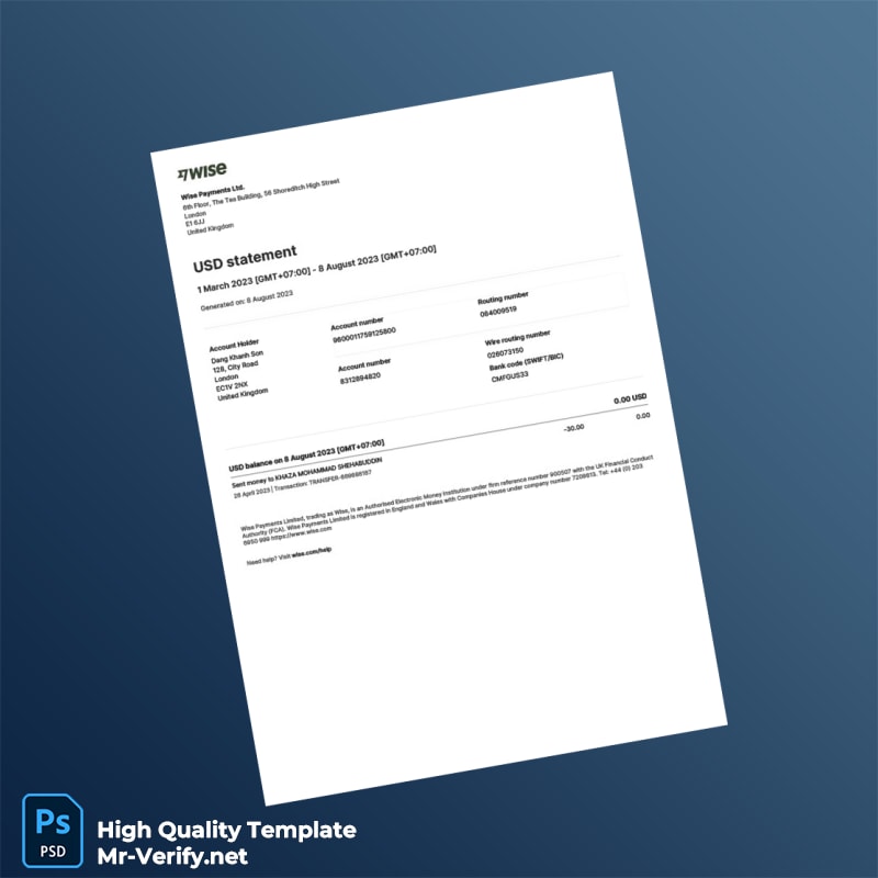 UK Wise Payments USD Statement Template in Word and PDF formats UK Wise Payments USD Statement Template in Word and PDF formats