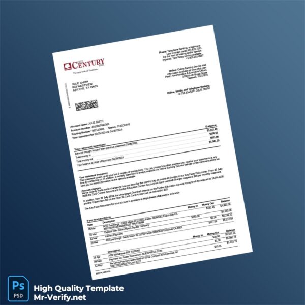 US FIRST Century Bank Statement Template in Word and PDF formats