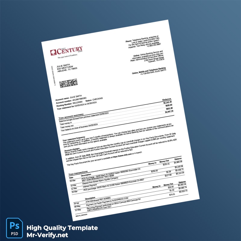 US FIRST Century Bank Statement Template in Word and PDF formats US FIRST Century Bank Statement Template in Word and PDF formats