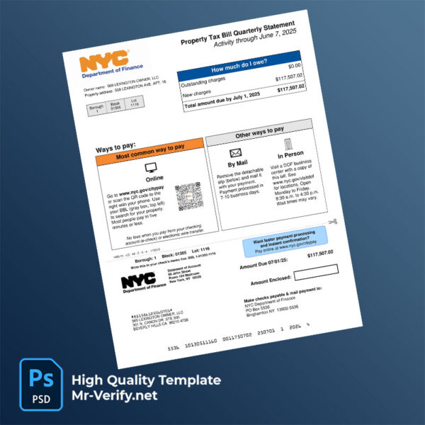 USA NYC Department Of Finance Editable Property Tax Bill Template in Word and PDF formats