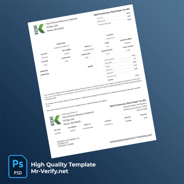 USA New Hampshire Keene City Government Editable Real Estate Tax Bill Template in Word and PDF formats