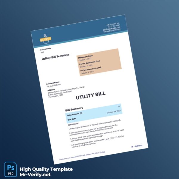 USA ABC Powers Inc Editable Utility Bill Template in Word and PDF formats USA ABC Powers Inc Editable Utility Bill Template in Word and PDF formats