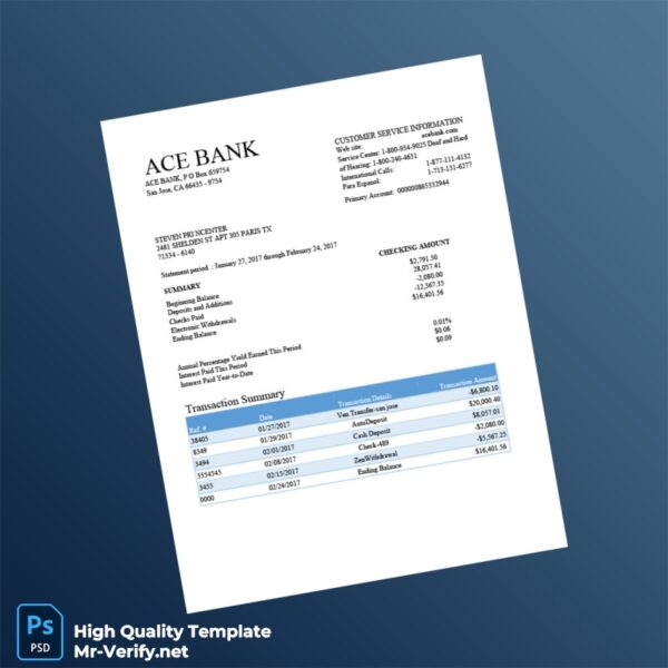 USA ACE BANK Bank Statement Template in Word and PDF formats USA ACE BANK Bank Statement Template in Word and PDF formats