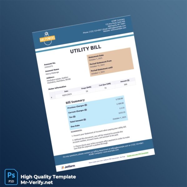 USA ACME Company Editable Utility Bill Template in Word and PDF formats USA ACME Company Editable Utility Bill Template in Word and PDF formats