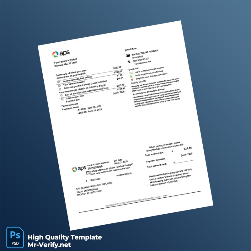 USA APS Editable Utility Bill Template in Word and PDF formats USA APS Editable Utility Bill Template in Word and PDF formats