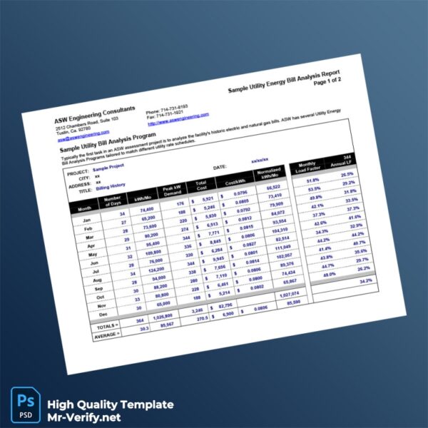 USA ASW Engineering Consultants Editable Utility Bill Analysis Template in Word and PDF formats