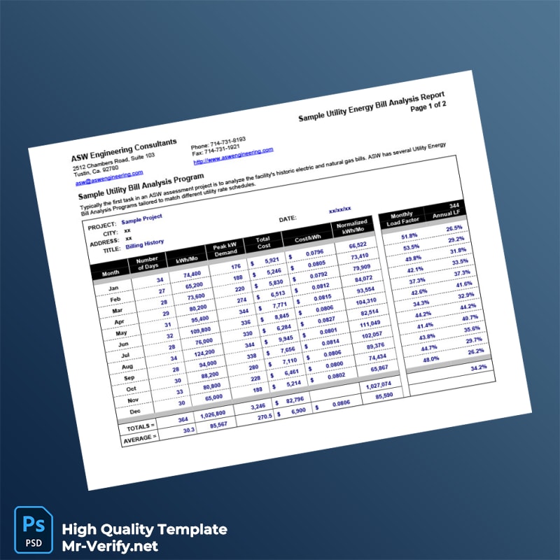 USA ASW Engineering Consultants Editable Utility Bill Analysis Template in Word and PDF formats USA ASW Engineering Consultants Editable Utility Bill Analysis Template in Word and PDF formats