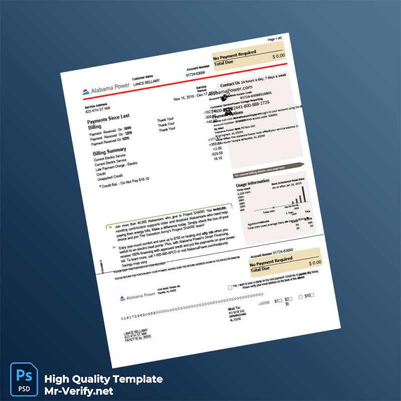 USA Alabama Power Editable Utility Bill Template in Word and PDF formats USA Alabama Power Editable Utility Bill Template in Word and PDF formats
