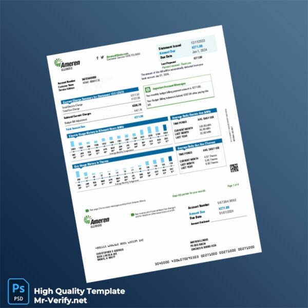 USA Ameren Illinois Editable Utility Bill Template in Word and PDF formats USA Ameren Illinois Editable Utility Bill Template in Word and PDF formats