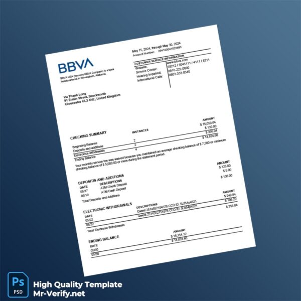 USA BBVA Checking Account Statement Template in Word and PDF formats USA BBVA Checking Account Statement Template in Word and PDF formats