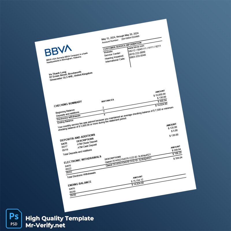 USA BBVA Checking Account Statement Template in Word and PDF formats USA BBVA Checking Account Statement Template in Word and PDF formats