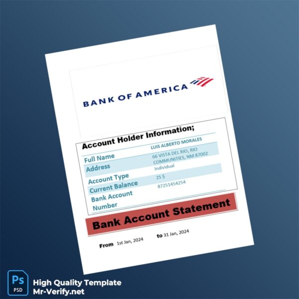 USA Bank of America Account Statement Template in Word and PDF formats USA Bank of America Account Statement Template in Word and PDF formats