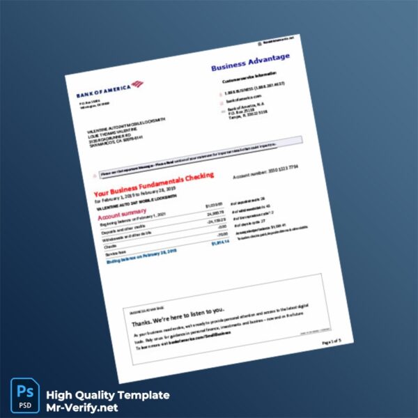 USA Bank of America Bank Statement Template in Word and PDF formats