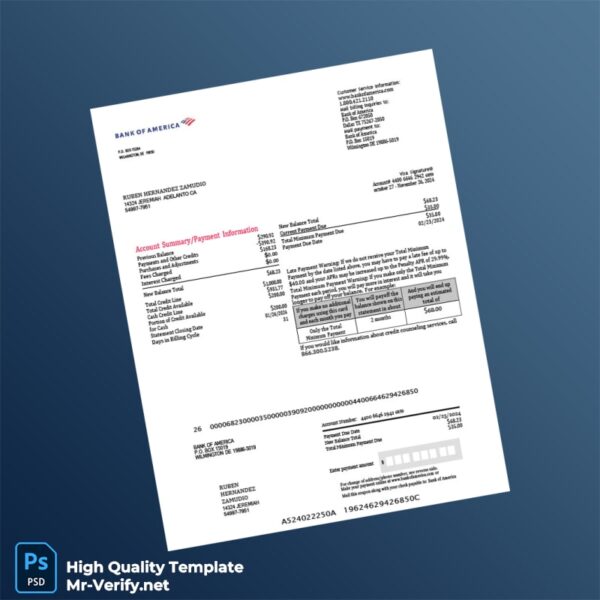 USA Bank of America Credit Card Statement Template in Word and PDF formats
