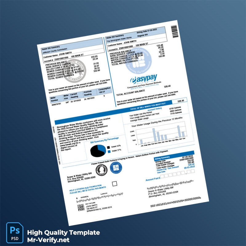 USA Birmingham Water Works Board Editable Water Bill Template in Word and PDF formats USA Birmingham Water Works Board Editable Water Bill Template in Word and PDF formats