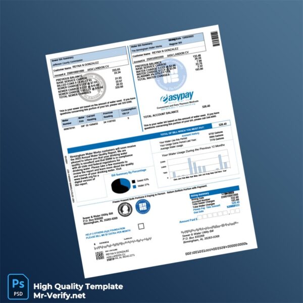 USA Birmingham Water Works Editable Water Bill Template in Word and PDF formats