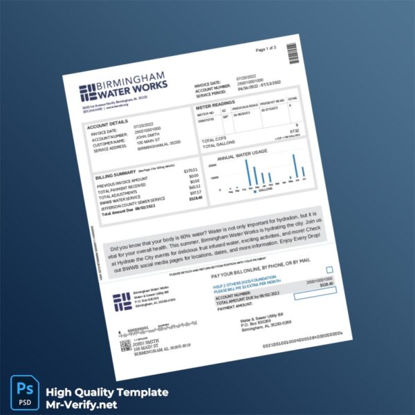 USA Birmingham Water Works Editable Water Bill Template in Word and PDF formats