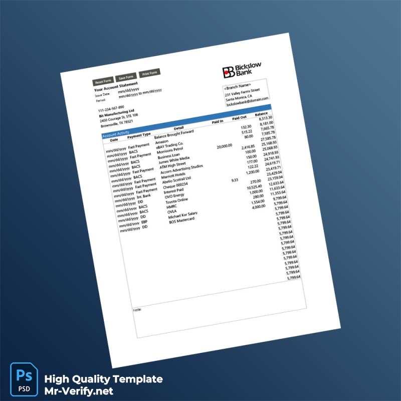USA Bit Manufacturing Ltd Bank Statement Template in Word and PDF formats USA Bit Manufacturing Ltd Bank Statement Template in Word and PDF formats