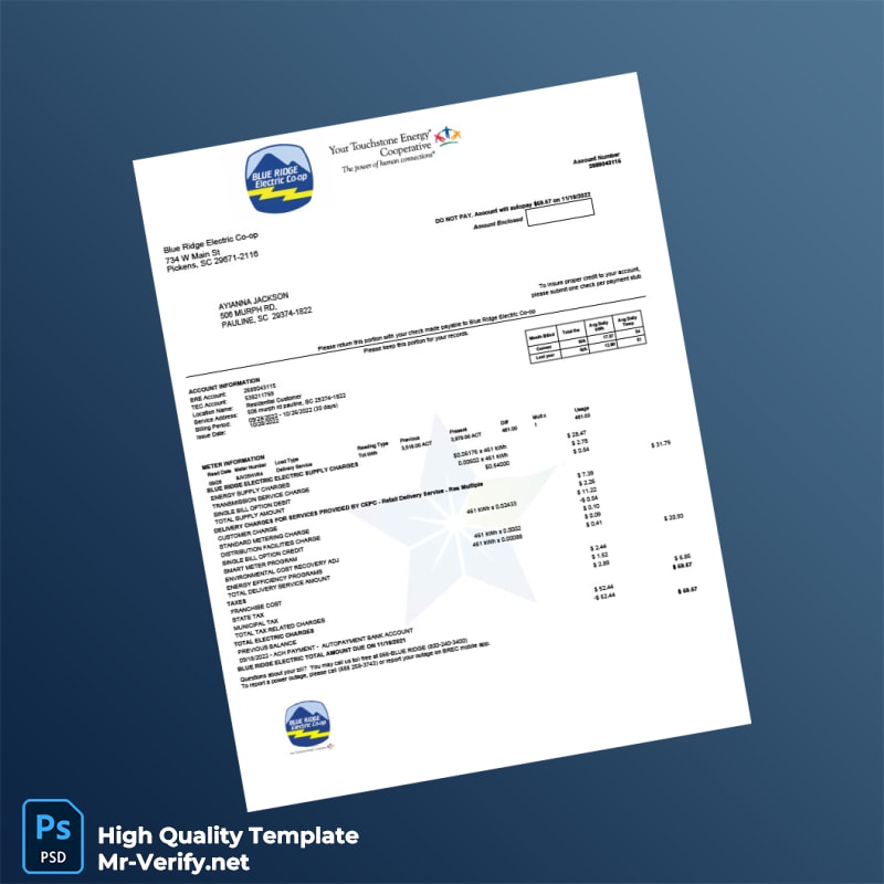 USA Blue Ridge Electric Co-op Editable Utility Bill Template in Word and PDF formats USA Blue Ridge Electric Co-op Editable Utility Bill Template in Word and PDF formats