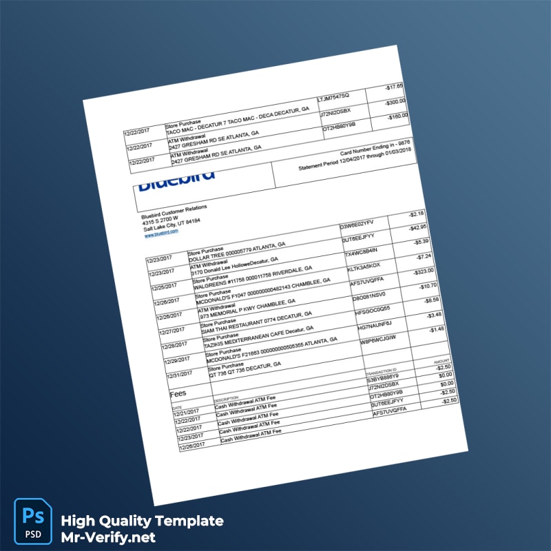 USA Bluebird Bank Statement Template in Word and PDF formats page 2 USA Bluebird Bank Statement Template in Word and PDF formats page 2